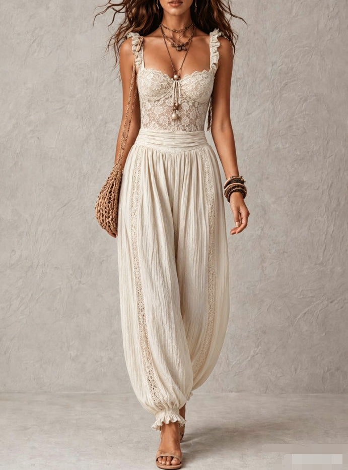 Eva | Lace Top & Pleated Cotton Pants Set