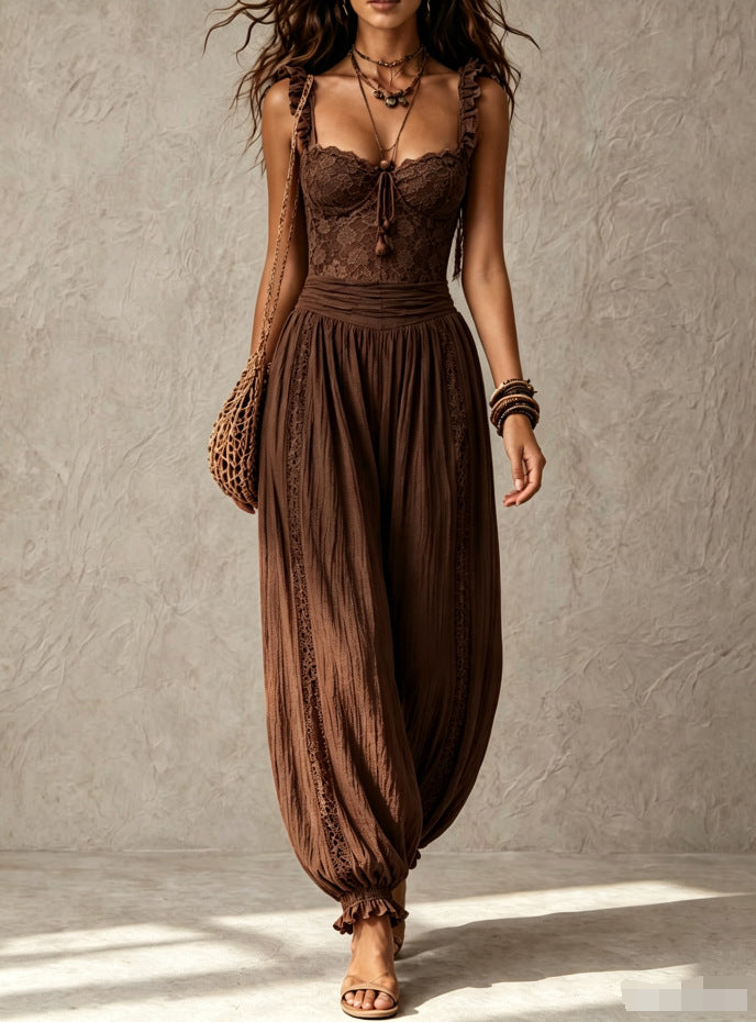 Eva | Lace Top & Pleated Cotton Pants Set