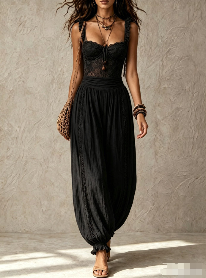 Eva | Lace Top & Pleated Cotton Pants Set