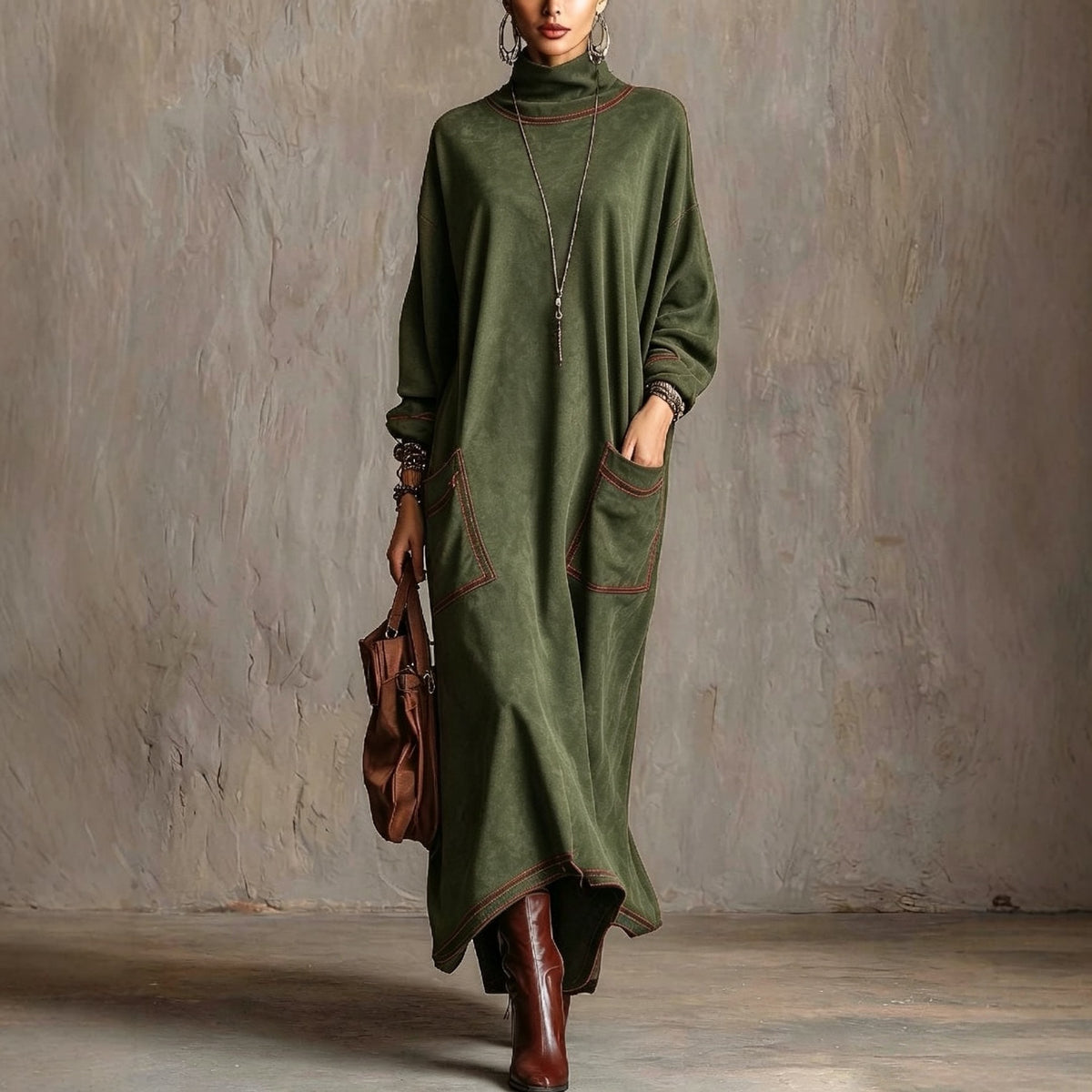 Rossana | Contrast Stitch Maxi Dress with Pockets