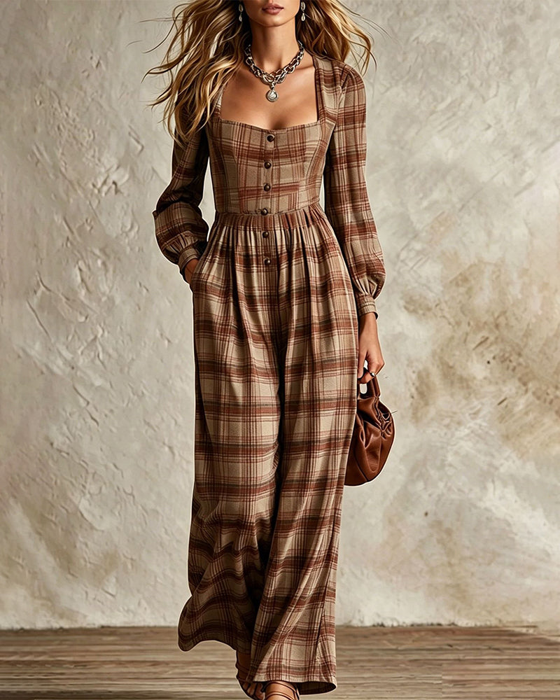 Vintage Plaid Wide Leg Jumpsuit