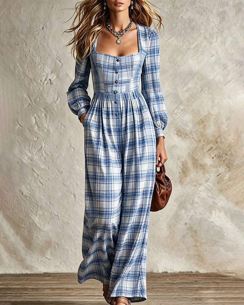 Vintage Plaid Wide Leg Jumpsuit