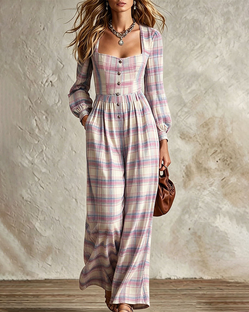 Vintage Plaid Wide Leg Jumpsuit