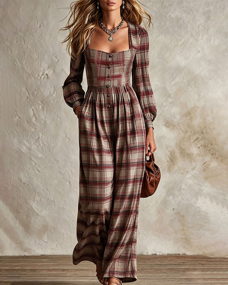 Vintage Plaid Wide Leg Jumpsuit