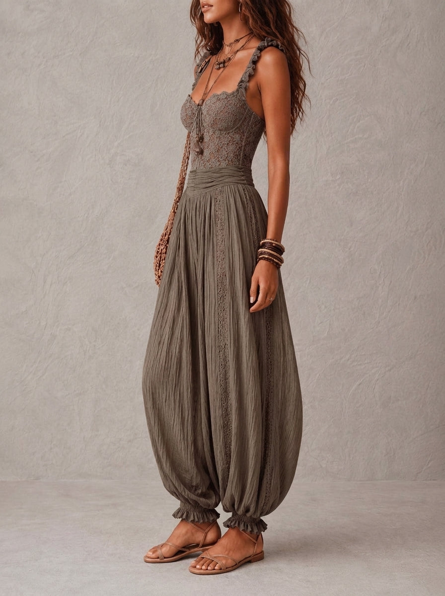 Eva | Lace Top &amp; Pleated Cotton Pants Set