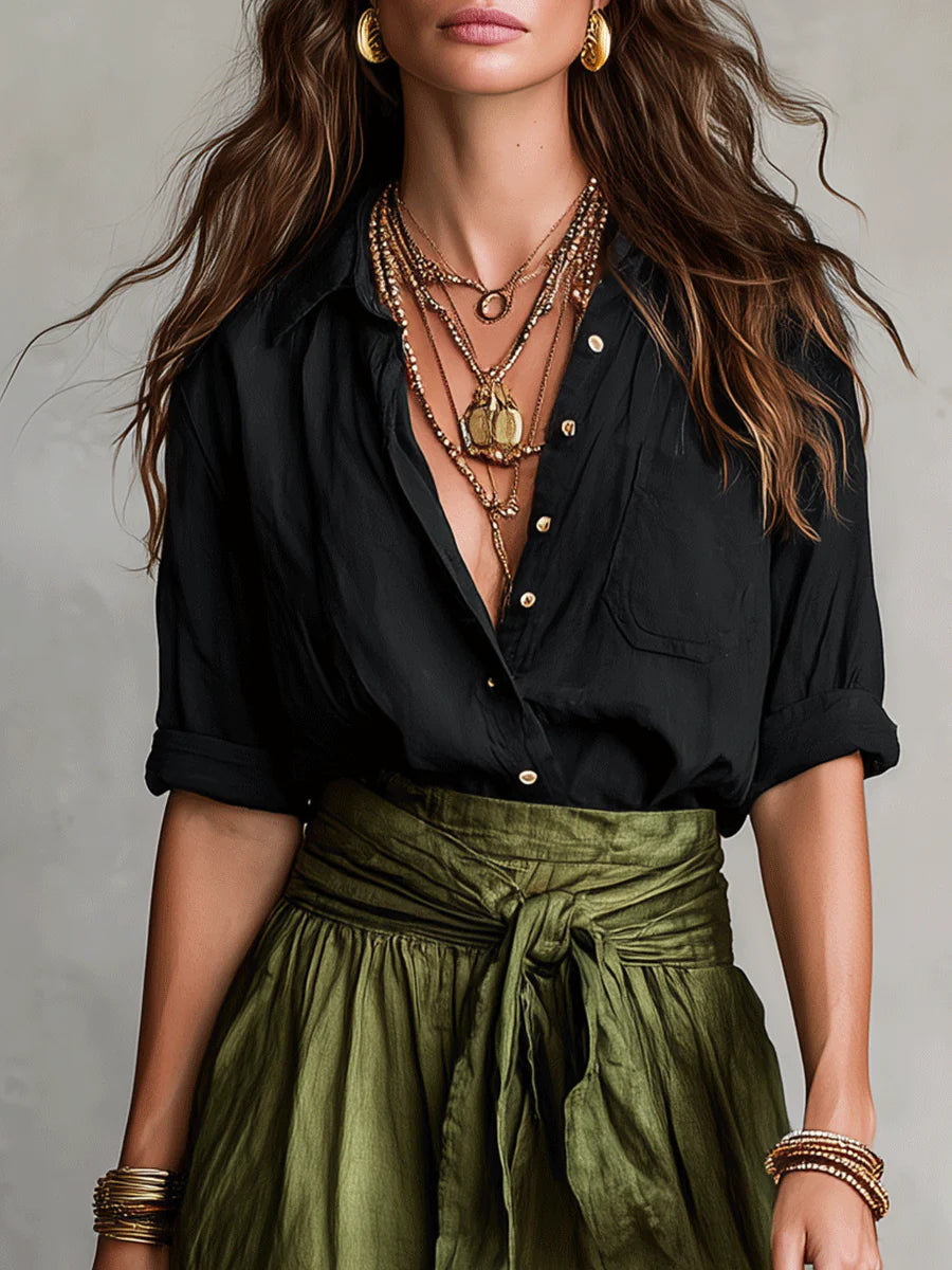 Vera™ | Elegant Black Top & Olive Green Midi Skirt Set