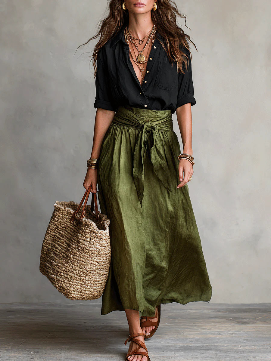 Vera™ | Elegant Black Top & Olive Green Midi Skirt Set