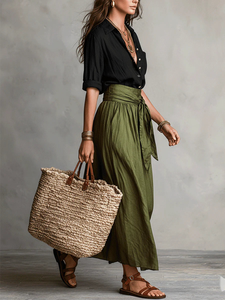 Vera™ | Elegant Black Top & Olive Green Midi Skirt Set