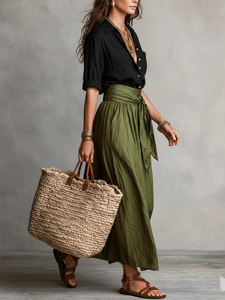 Vera™ | Elegant Black Top & Olive Green Midi Skirt Set