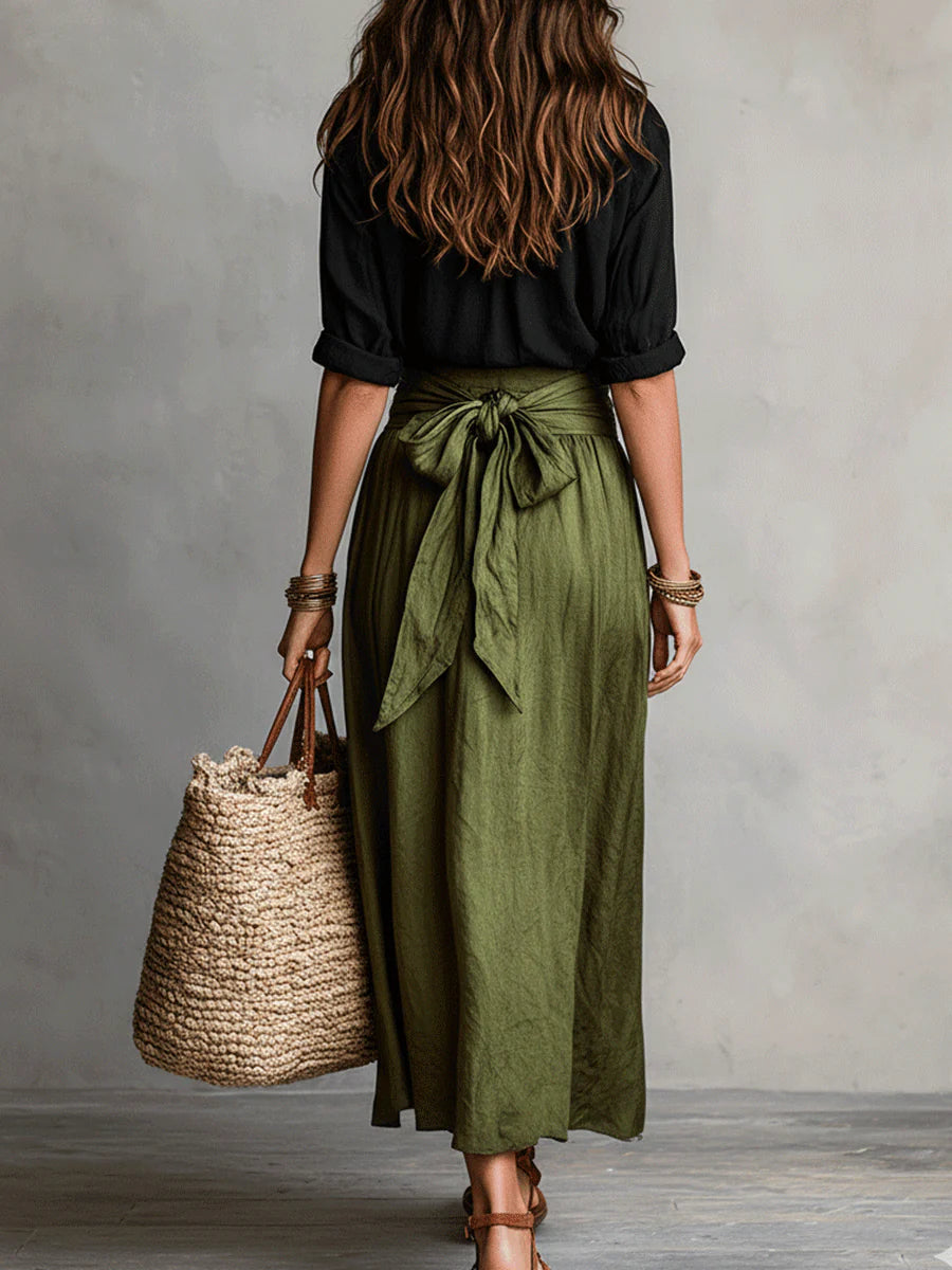 Vera™ | Elegant Black Top & Olive Green Midi Skirt Set