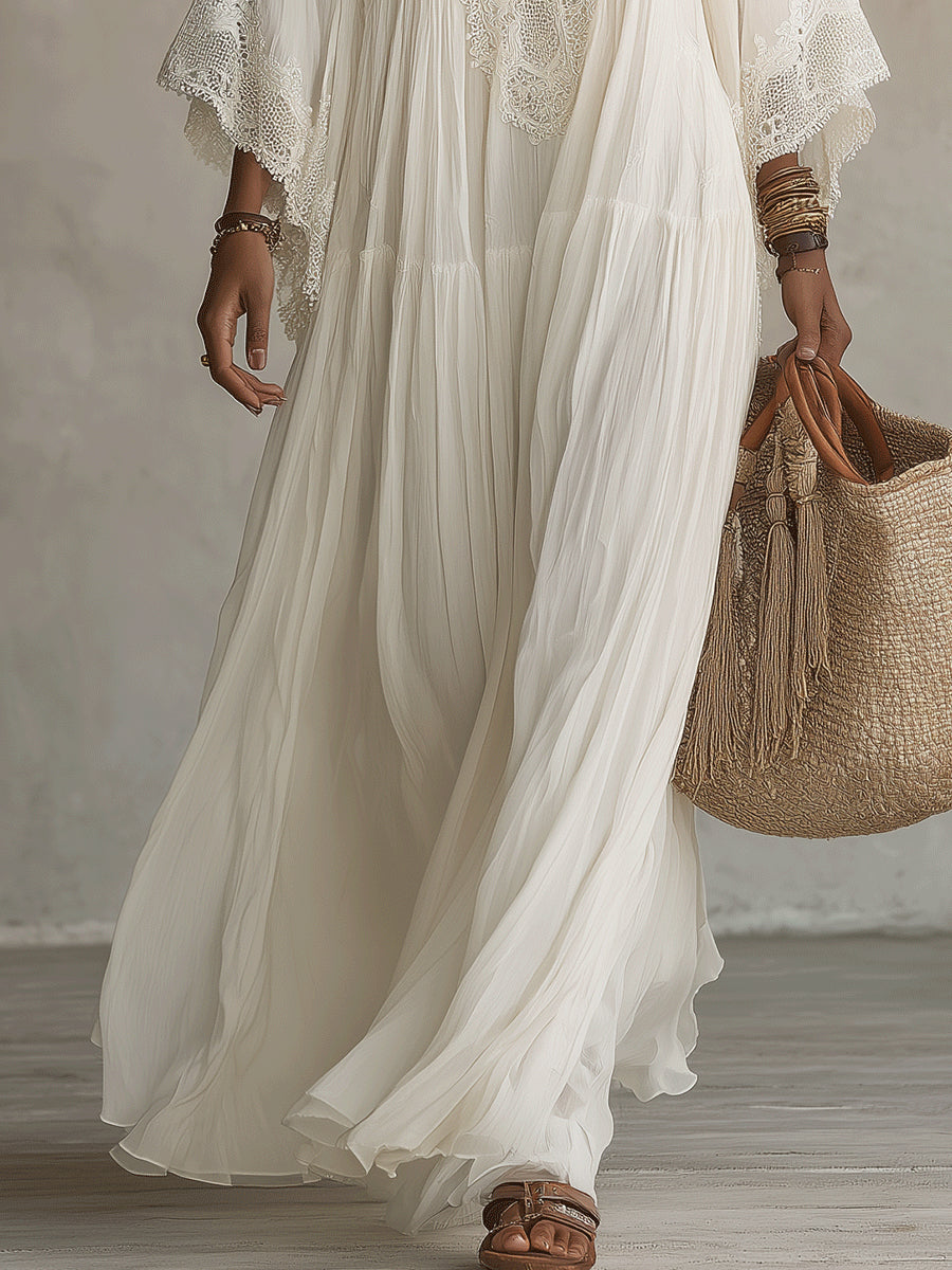 Marina | Ivory Lace-Trim Boho Maxi Dress