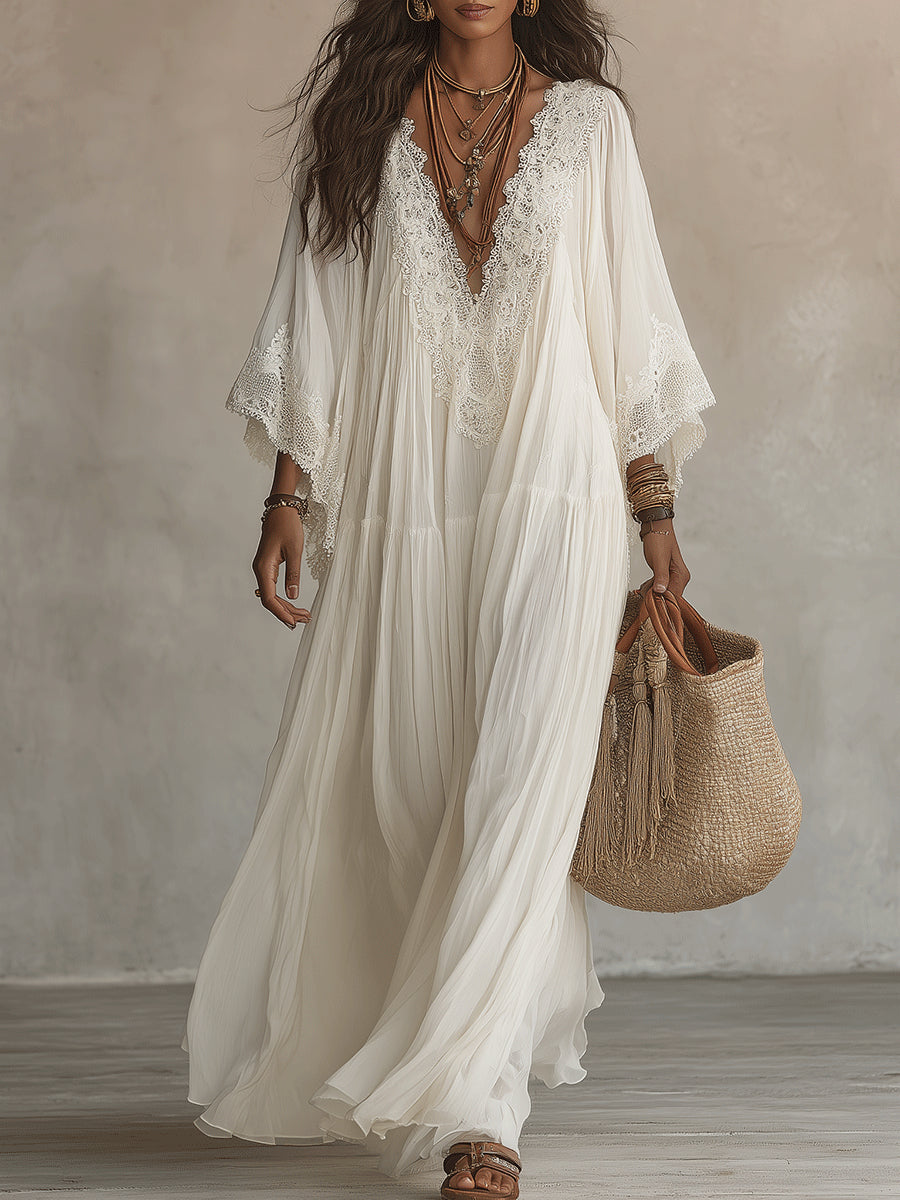 Marina | Ivory Lace-Trim Boho Maxi Dress