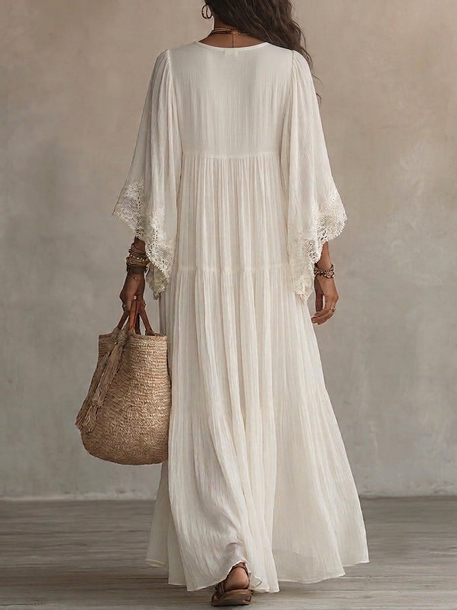 Marina | Ivory Lace-Trim Boho Maxi Dress