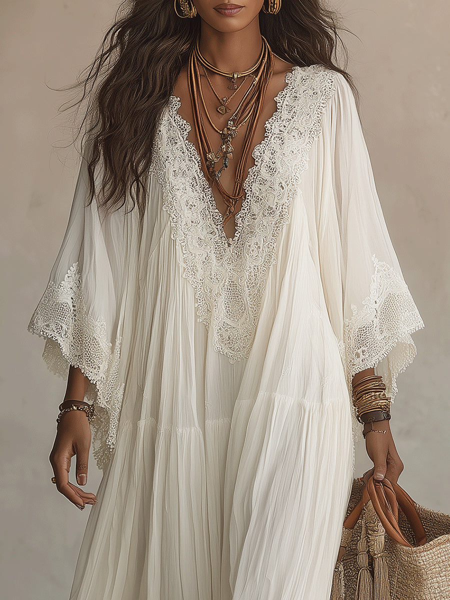 Marina | Ivory Lace-Trim Boho Maxi Dress