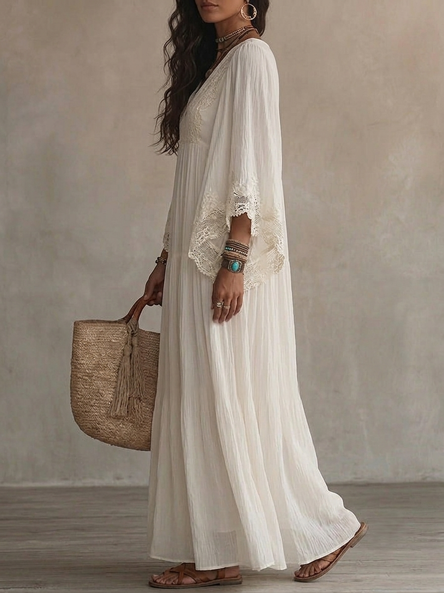 Marina | Ivory Lace-Trim Boho Maxi Dress