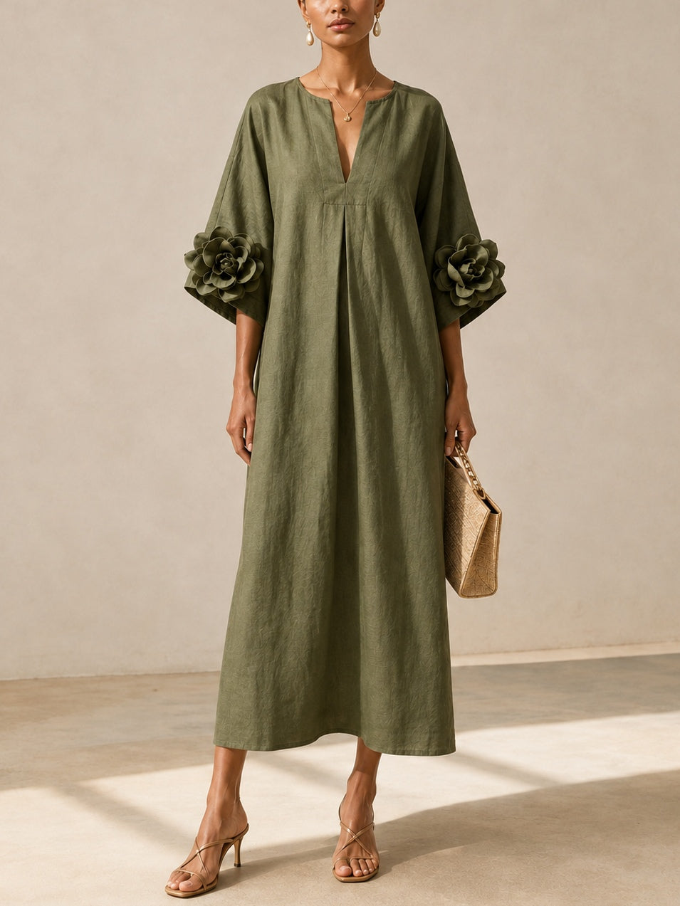 Simone | Olive Green Kaftan Midi Dress