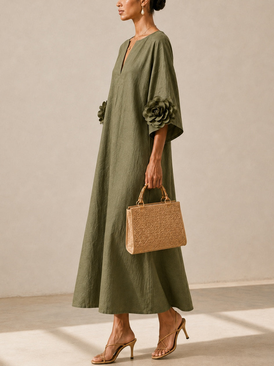 Simone | Olive Green Kaftan Midi Dress
