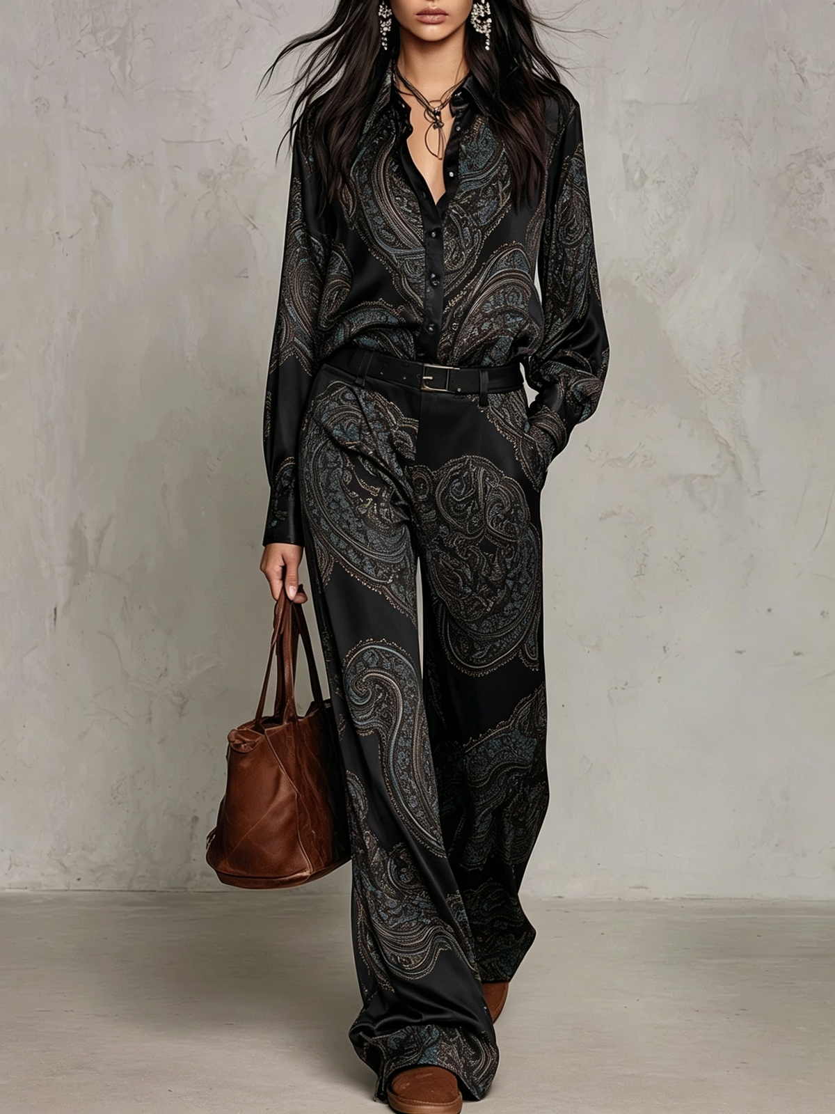 Complete Satin Shirt with Long Sleeves in Burgundy-Purple Paisley Print and Wide Pants