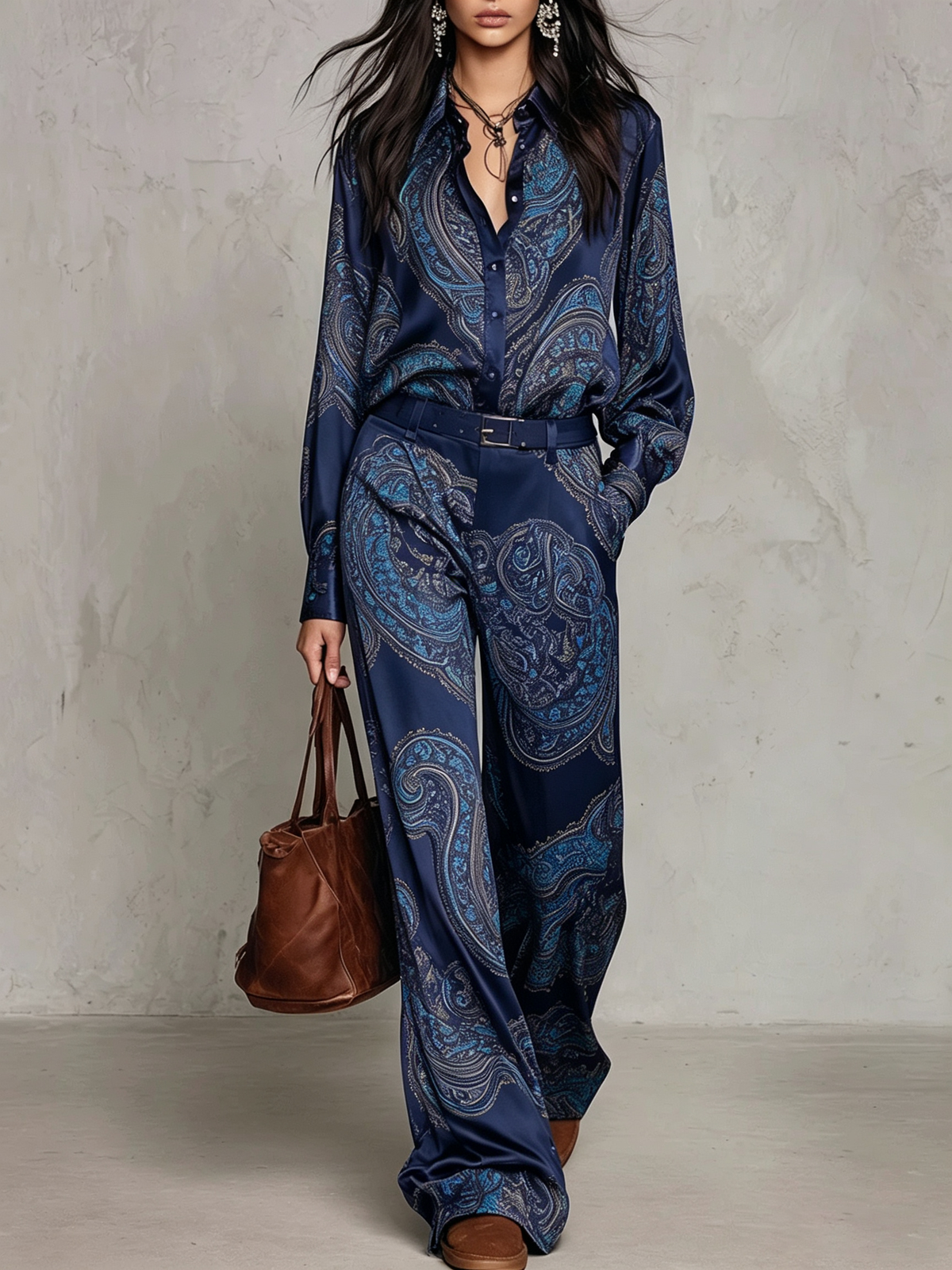 Complete Satin Shirt with Long Sleeves in Burgundy-Purple Paisley Print and Wide Pants