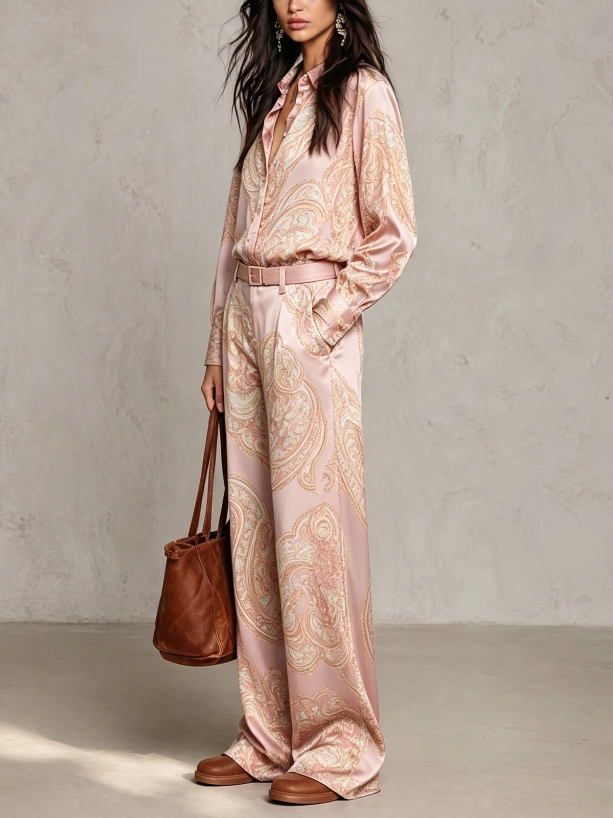 Complete Satin Shirt with Long Sleeves in Burgundy-Purple Paisley Print and Wide Pants