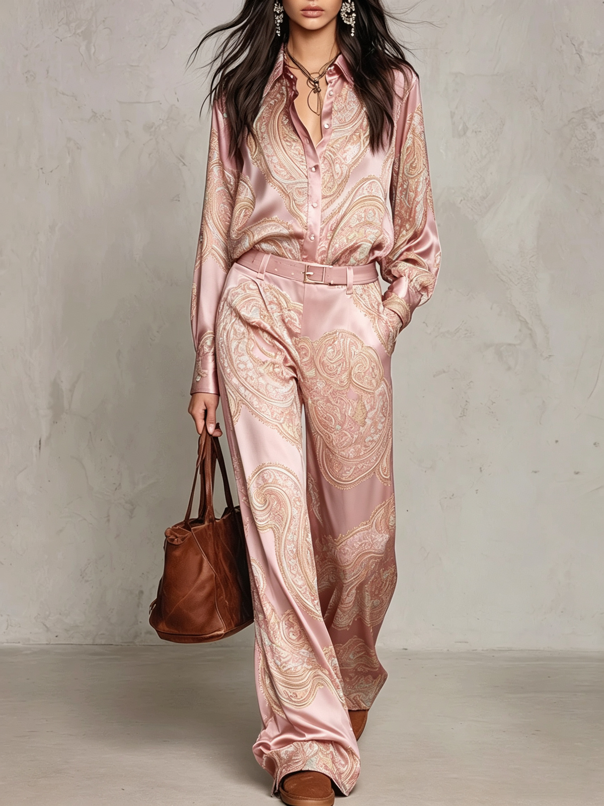 Complete Satin Shirt with Long Sleeves in Burgundy-Purple Paisley Print and Wide Pants