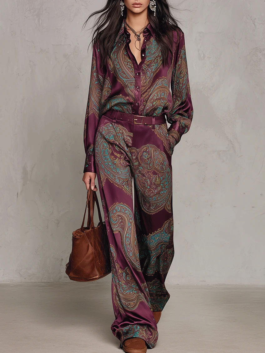 Complete Satin Shirt with Long Sleeves in Burgundy-Purple Paisley Print and Wide Pants