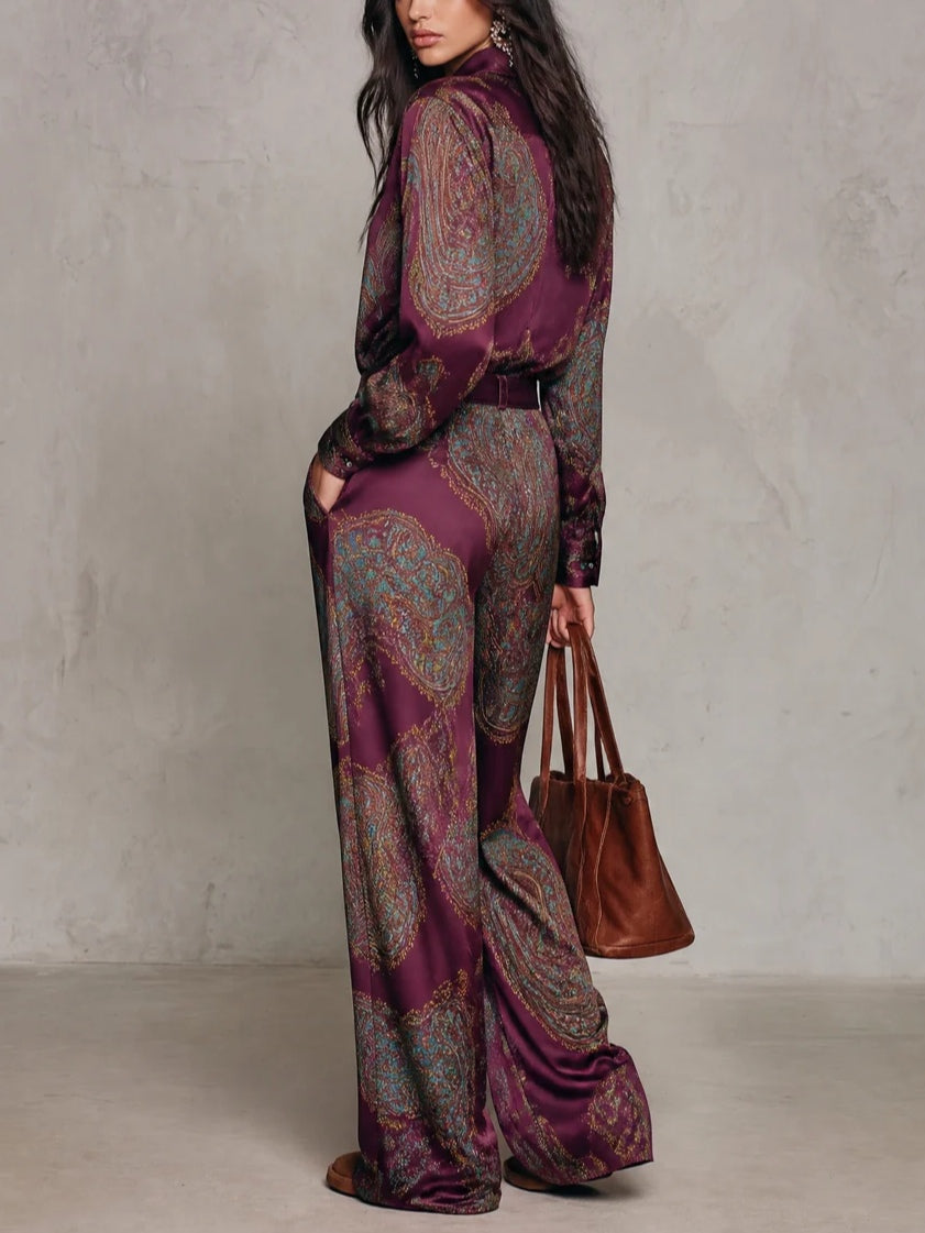 Complete Satin Shirt with Long Sleeves in Burgundy-Purple Paisley Print and Wide Pants