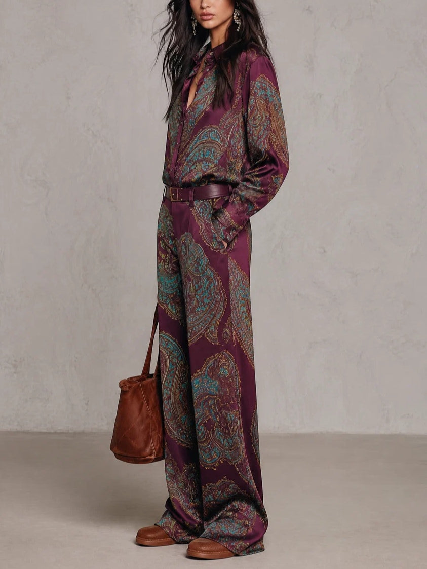 Complete Satin Shirt with Long Sleeves in Burgundy-Purple Paisley Print and Wide Pants