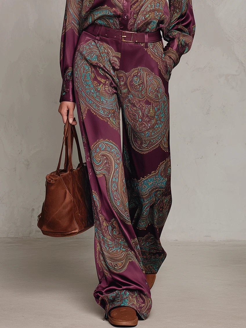Complete Satin Shirt with Long Sleeves in Burgundy-Purple Paisley Print and Wide Pants
