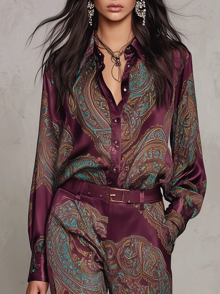 Complete Satin Shirt with Long Sleeves in Burgundy-Purple Paisley Print and Wide Pants