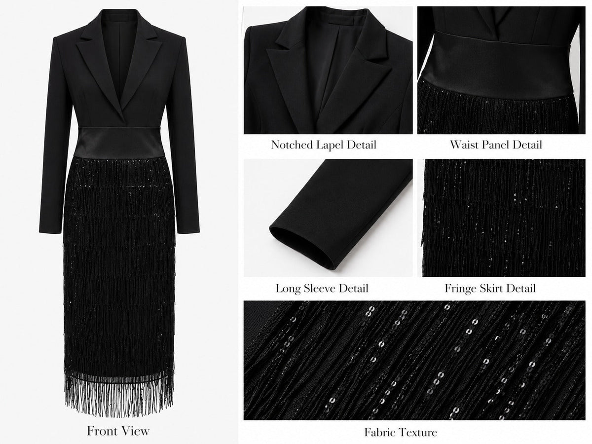 Jimena | Blazer-Style Sequin Fringe Midi Dress