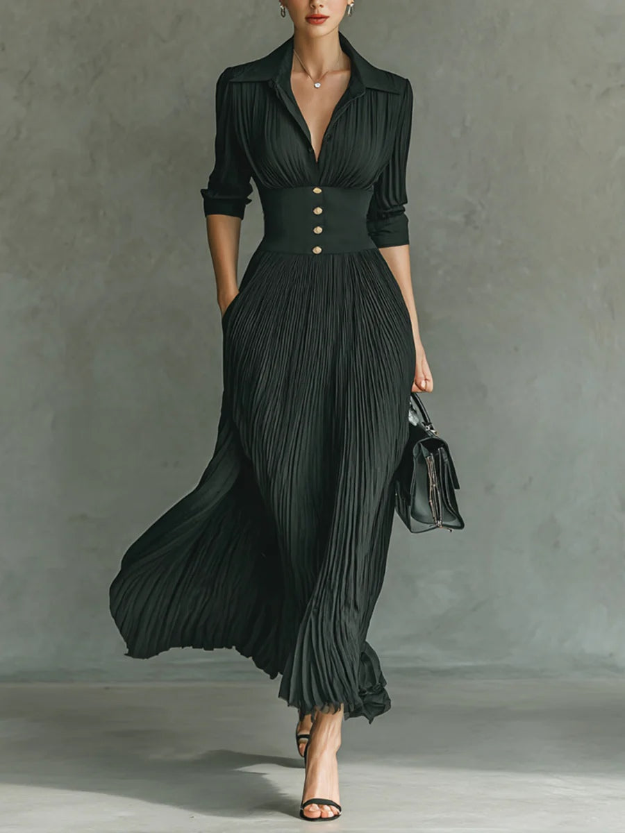 Elvire | Pleated Maxi Dress with Lapel Collar