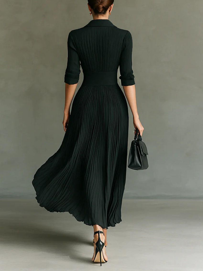 Elvire | Pleated Maxi Dress with Lapel Collar