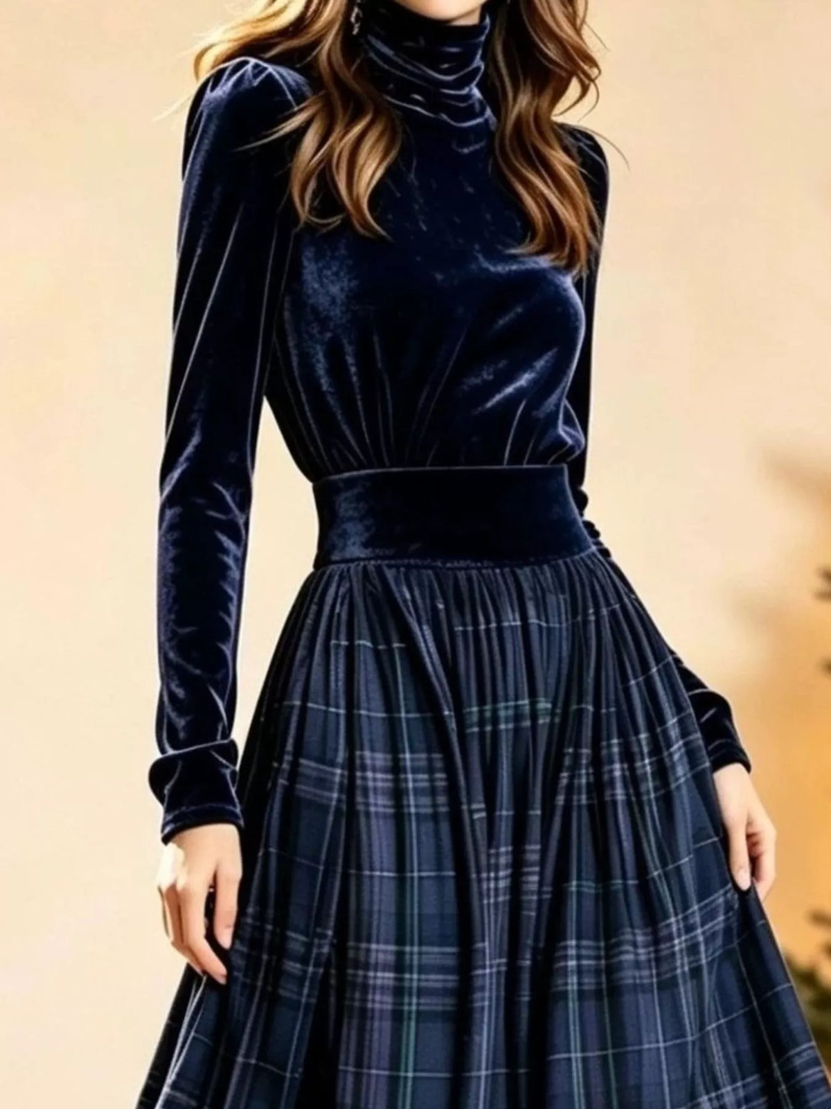 Penelope | Turtleneck Top & Plaid Maxi Skirt Set