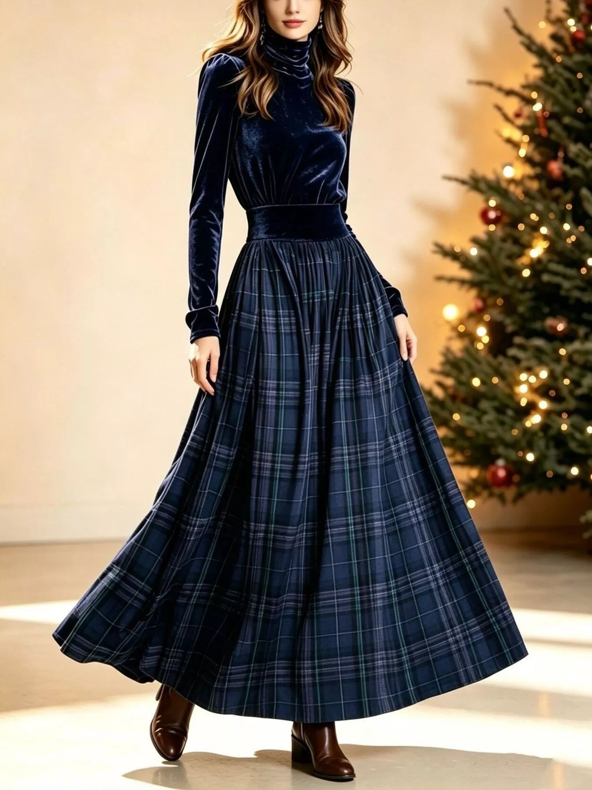 Penelope | Turtleneck Top & Plaid Maxi Skirt Set