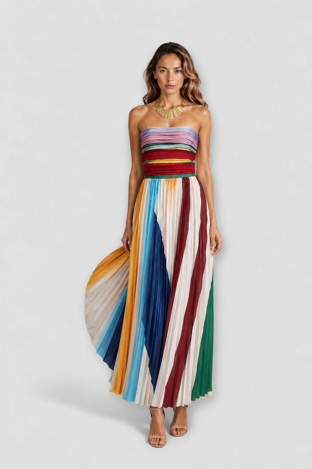 Evadne™ | Pleated Rainbow Maxi Dress