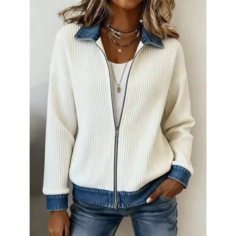 Marlowe | Contrast Denim Collar Ribbed Knit Jacket