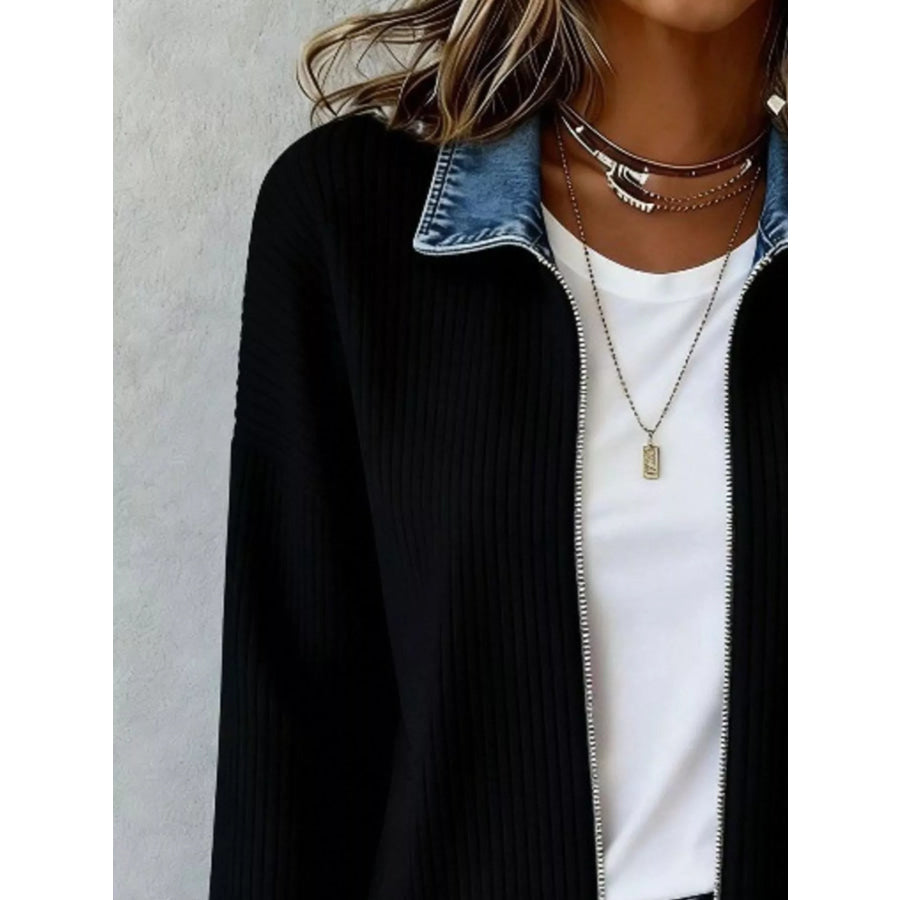 Marlowe | Contrast Denim Collar Ribbed Knit Jacket