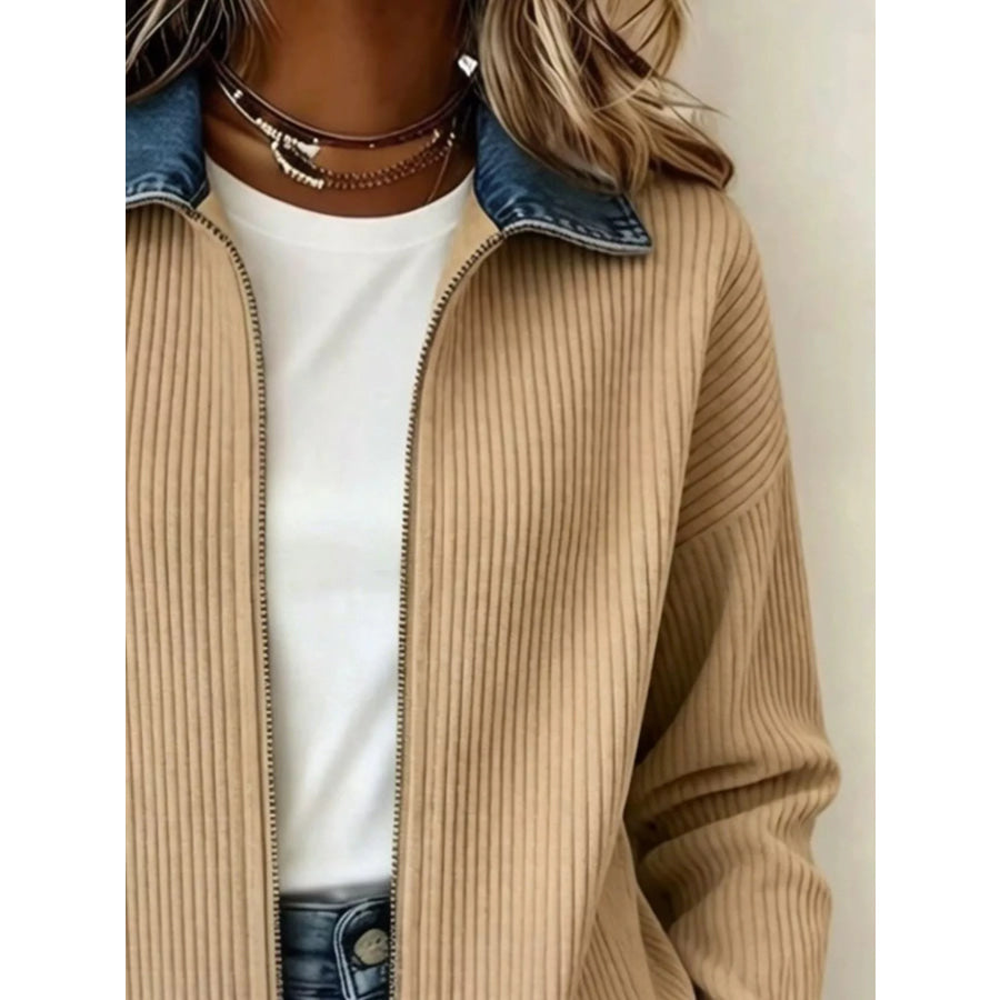 Marlowe | Contrast Denim Collar Ribbed Knit Jacket