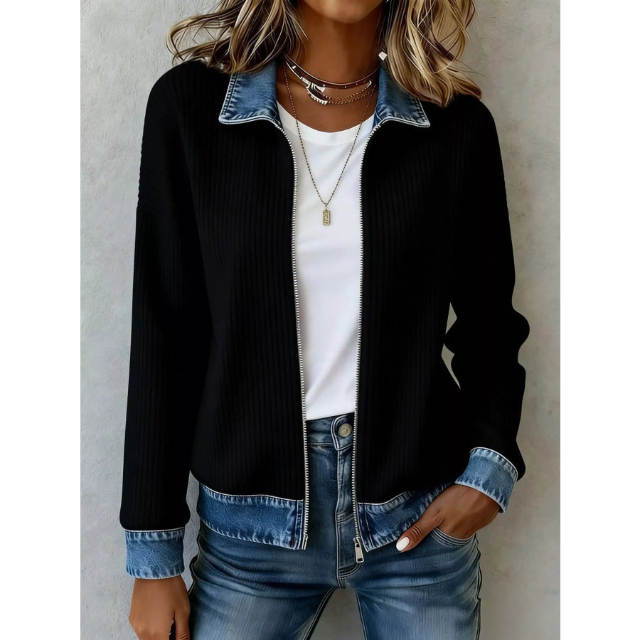 Marlowe | Contrast Denim Collar Ribbed Knit Jacket