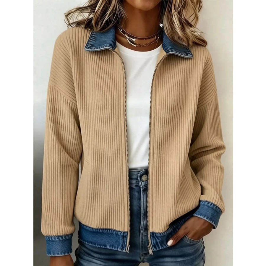 Marlowe | Contrast Denim Collar Ribbed Knit Jacket