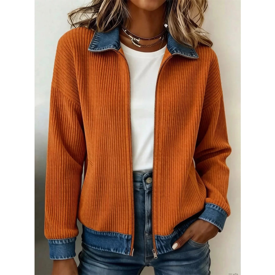 Marlowe | Contrast Denim Collar Ribbed Knit Jacket