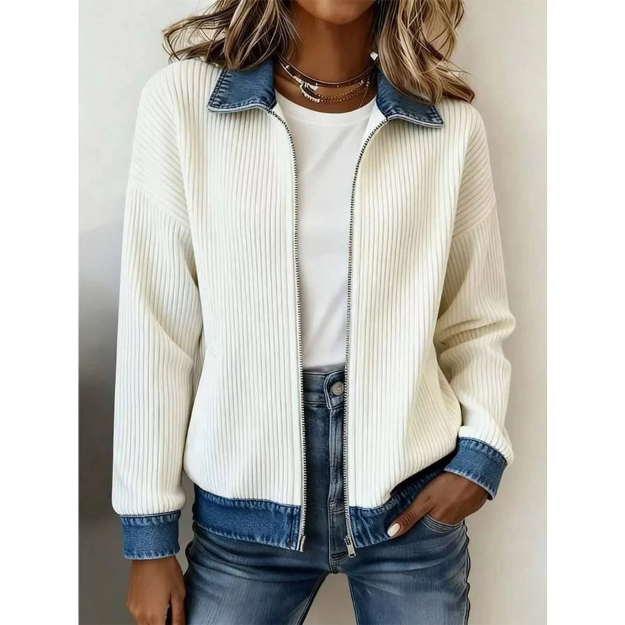Marlowe | Contrast Denim Collar Ribbed Knit Jacket