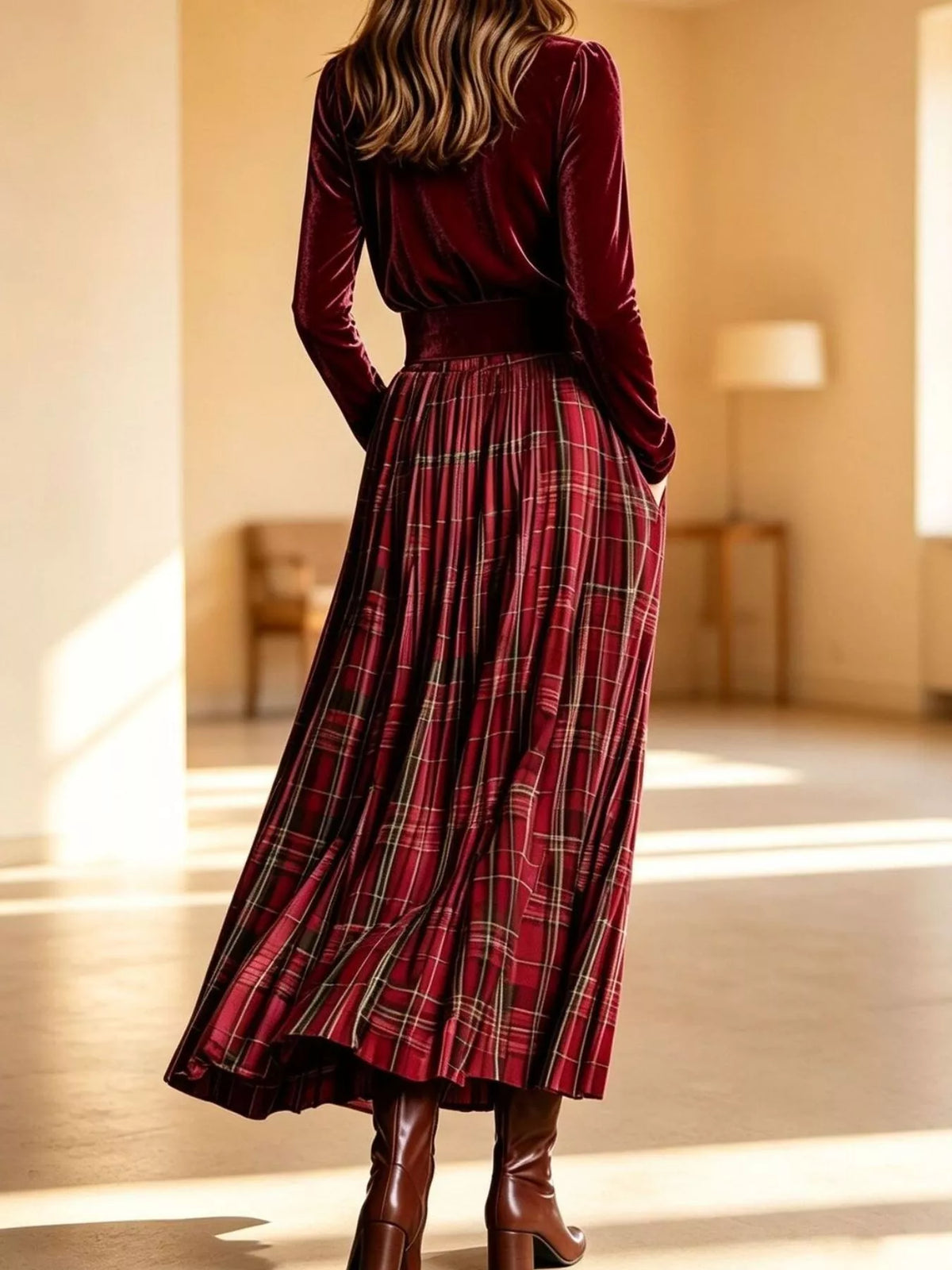 Penelope | Turtleneck Top & Plaid Maxi Skirt Set