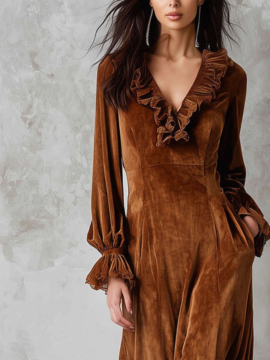 Odette | Ruffle Neck Lace Trim Midi Dress