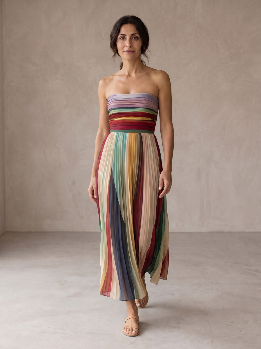 Evadne™ | Pleated Rainbow Maxi Dress