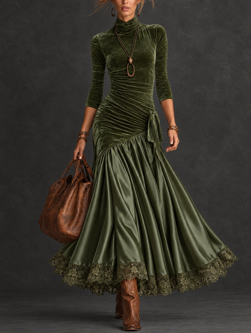 Nerea | Draped Lace-Hem Maxi Dress