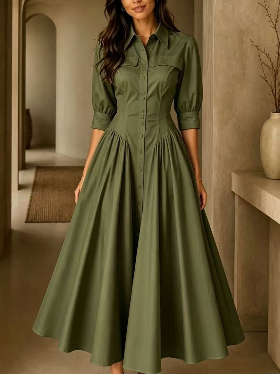 Serena | Button-Front Shirt Midi Dress