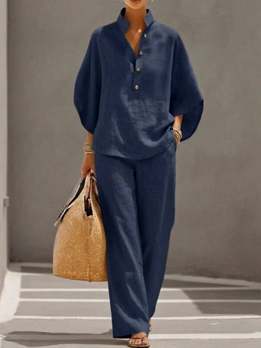 Maribel™ | Elegant Linen Batwing Sleeve & Wide-Leg Trouser Set