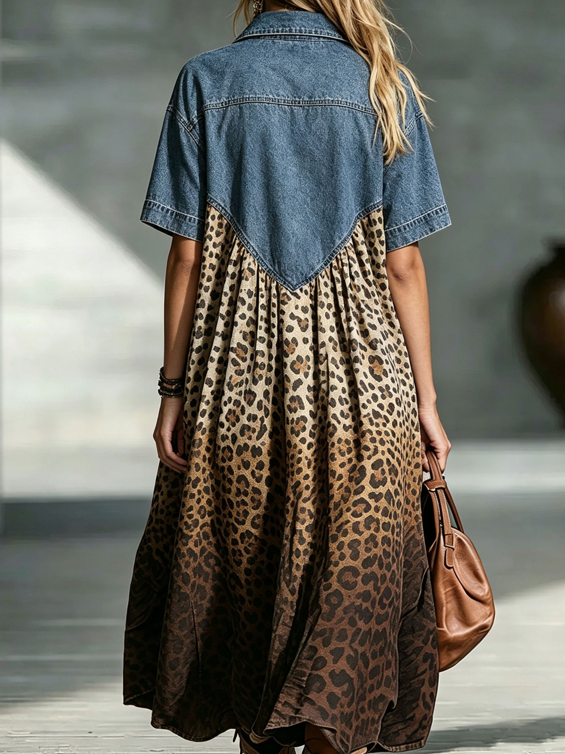 Penny | Denim Top Leopard Print Midi Dress